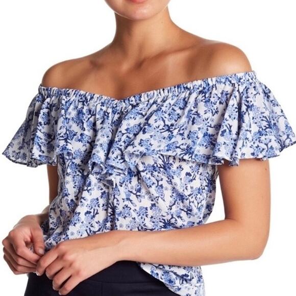 Rebecca Taylor Off The Shoulder Blue White Floral Aimee Cotton Top Size 4 - Picture 1 of 16